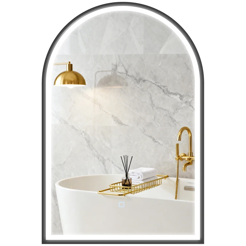 HOMCOM Miroir Salle de Bain avec Éclairage 60 x 90 cm, Miroir LED Arqué, Anti-Buée, 3 Couleurs Lumière, Dimmable, Mémoire, Noir
