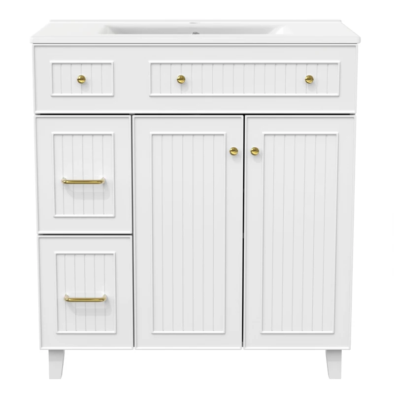 Mobile bagno indipendente con lavabo in ceramica, piedini in legno e maniglie in metallo, 81.7x46.8x90 cm, Bianco