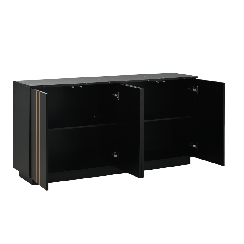 Aparador para sala de estar com 4 portas, elegantes frisos dourados, independente, 35x140x70 cm, Preto