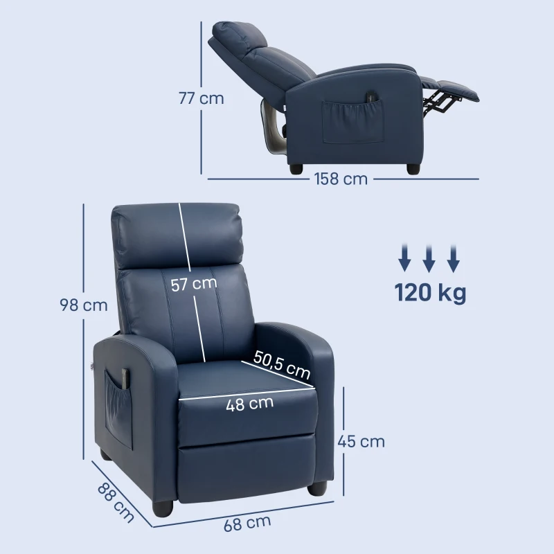 HOMCOM Poltrona de Massagem Reclinável com 2 Zonas de Massagem 8 Programas e 5 Níveis de Intensidade 68x88x98 cm Azul Escuro