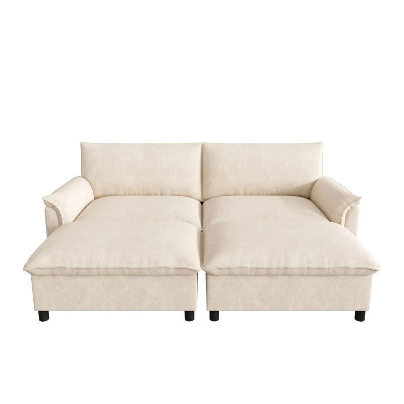 Divano a U con pouf poggiapiedi flessibile e vano portaoggetti nascosto, 216x77x82 cm, Beige