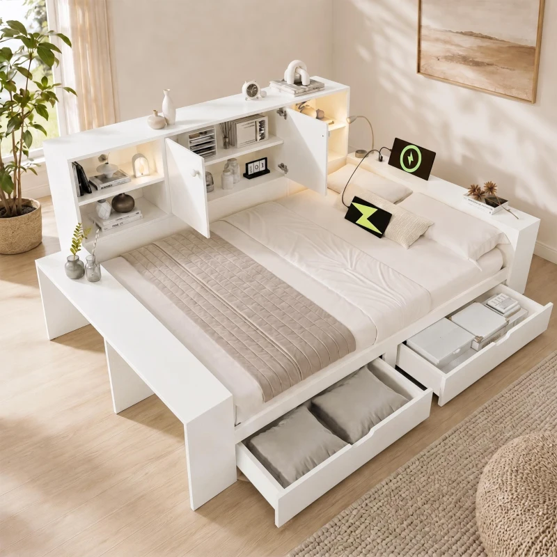Cama com arrumação 140x200 cm, cama de dia com 2 gavetas em rodas, arrumação de 35 cm de profundidade com portas duplas, 237x183x100 cm, Branco