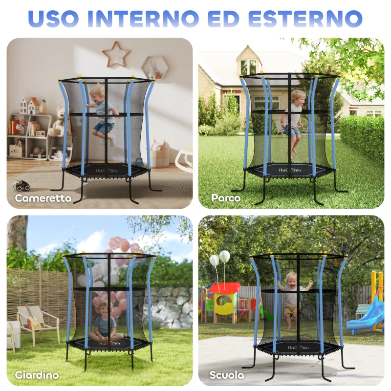 HOMCOM Tappeto Elastico per Bambini con Ingresso a Cerniera e Pali Imbottiti, in Acciaio, PP e EPE, 122x111x190 cm, Blu