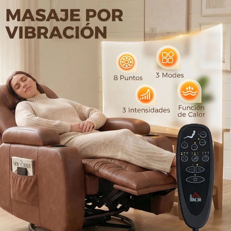 HOMCOM Sillón de Masaje Reclinable Manual 150° Calefactable con Mando Portavasos Piel PU Marrón Claro