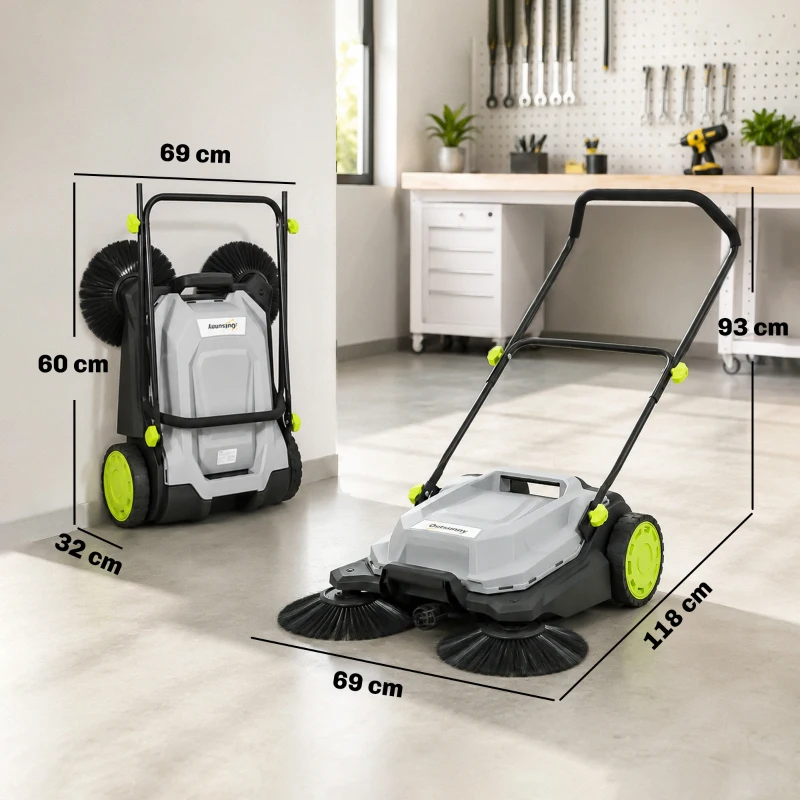 Outsunny ehrmaschine manuell mit 68 cm Kehrbreite, 24 L Schmutzbehälter, Höhenverstellbar klappbar Griff 3-Bürsten-Kehrsystem