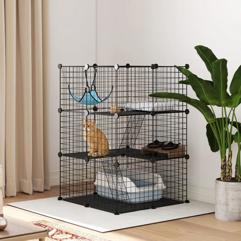 PawHut ndoor Katzenkäfig 105 cm, Stahl-Katzengehege mit 3 Türen, DIY-anpassbares Design für Kätzchen unter 4kg