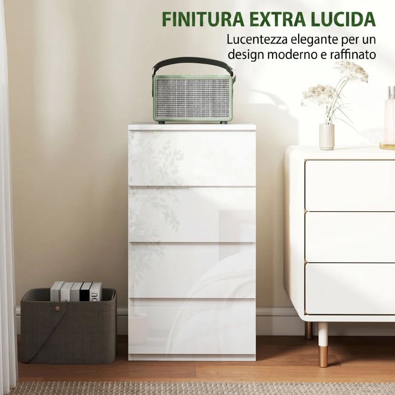 HOMCOM Cassettiera 4 cassetti Salvaspazio in Legno, 40x35x74 cm, Bianco Lucido