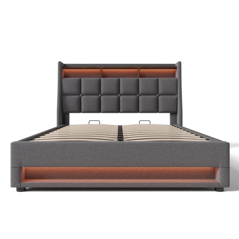 Letto imbottito 140x200 cm con materasso, leva a gas con vano contenitore, rete a doghe in metallo e testiera imbottita effetto lino, 210x145x117 cm, Grigio