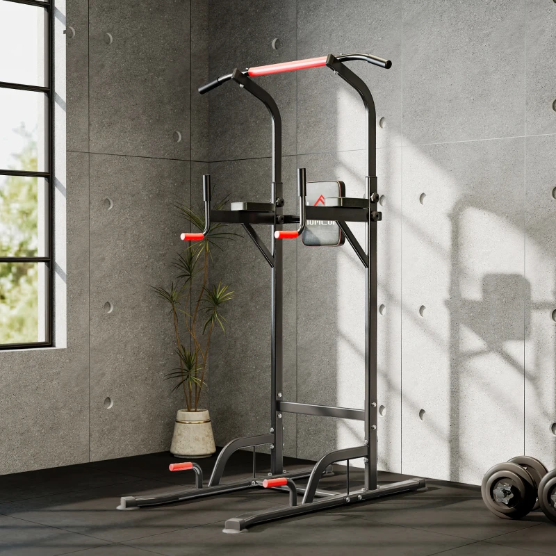 HOMCOM Máquina de Dominadas con Altura Ajustable Carga Máx. 120 kg para Entrenamiento Fitness 123x98x189-239 cm Negro y Rojo