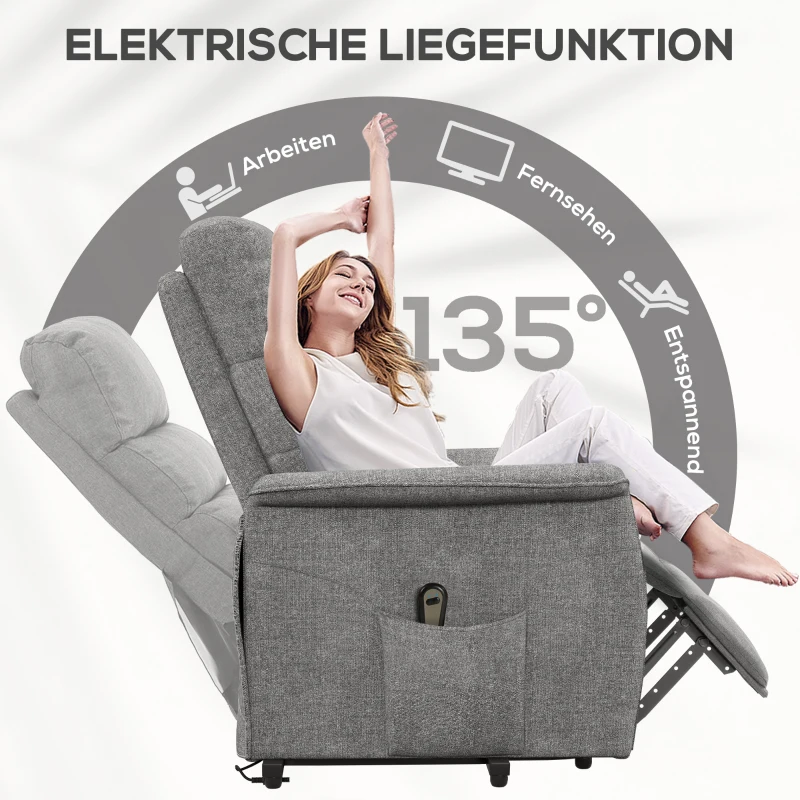 HOMCOM Relaxfauteuil met Elektrische Opstaanondersteuning, Verstelbare Rugleuning/Voetensteun, tot 120 kg, 66x90x96 cm, Grijs(m-5)