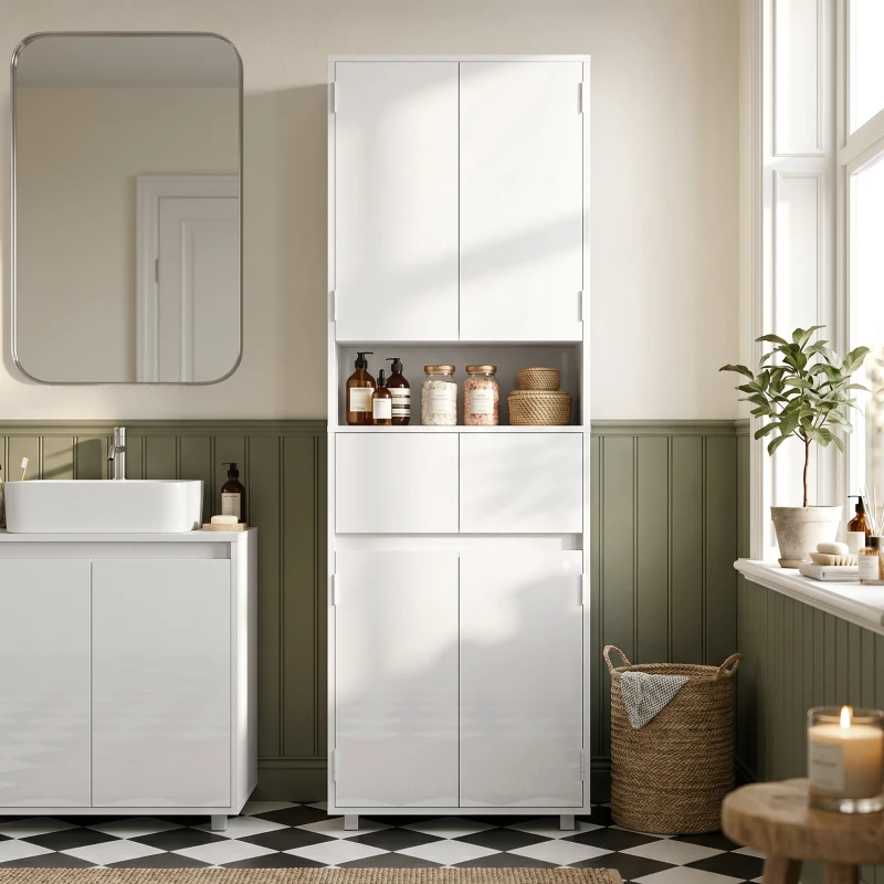 HOMCOM Mobile Bagno Alto Slim con Cassetti e Ripiani, 60x30x170 cm, Bianco Lucido