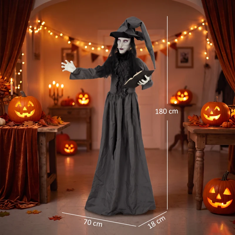 HOMCOM 180 cm Halloween Animierte Hexe Dekoration Lebensgroß mit leuchtenden Augen, Gruseliger Sound, Berührungsaktivierung
