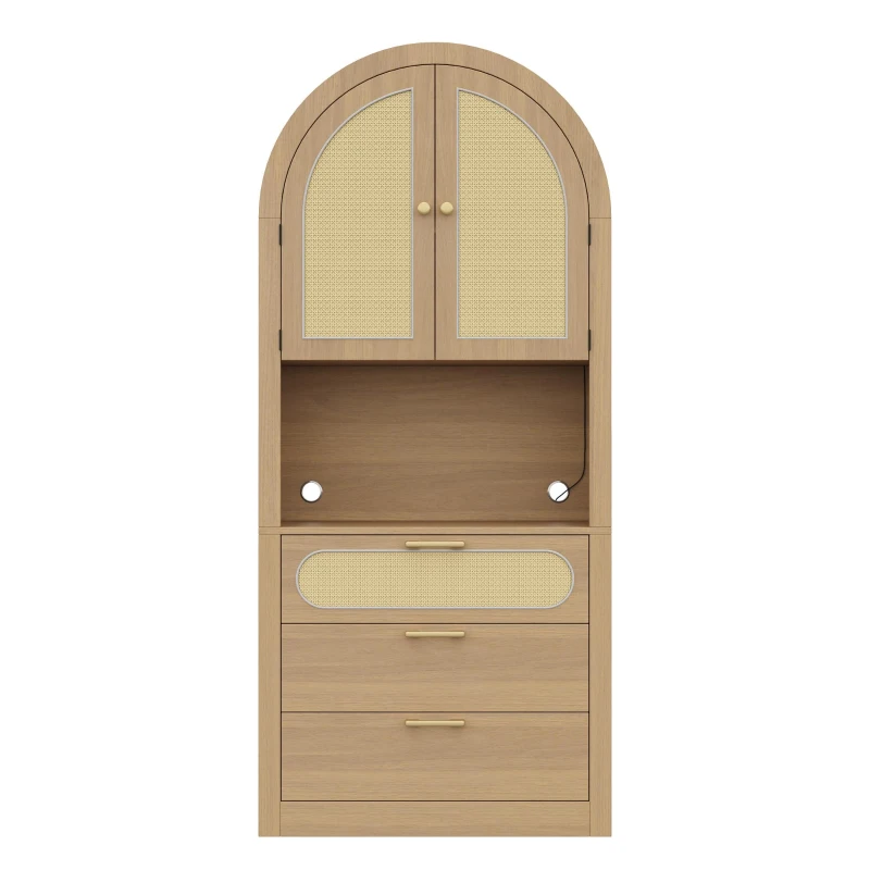 Mobile contenitore ad arco stile scandinavo con ante in rattan e sistema antiribaltamento, 80x35x180 cm, color legno