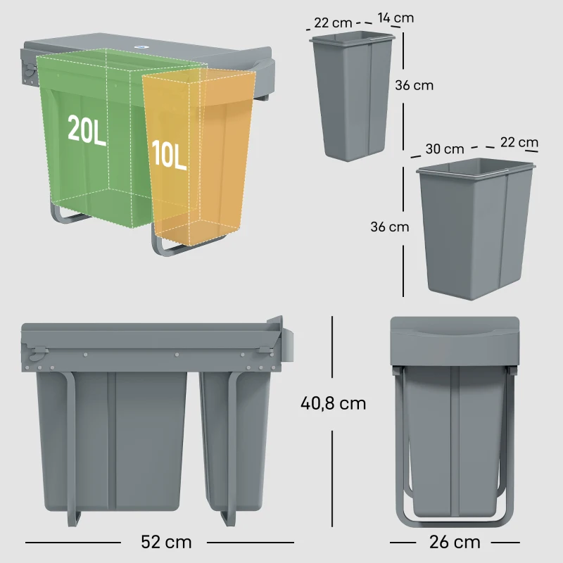 HOMCOM Uittrekbare prullenbak, keukenafvalbak met 2 uitneembare emmers, handvat, 30 liter (20 L+10 L), metaal, grijs