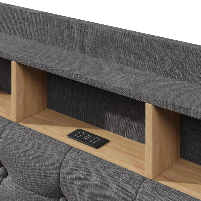 Cama estofada 140 × 200 cm, iluminação LED, design flutuante, sem colchão, 217x141x110 cm, Cinzento