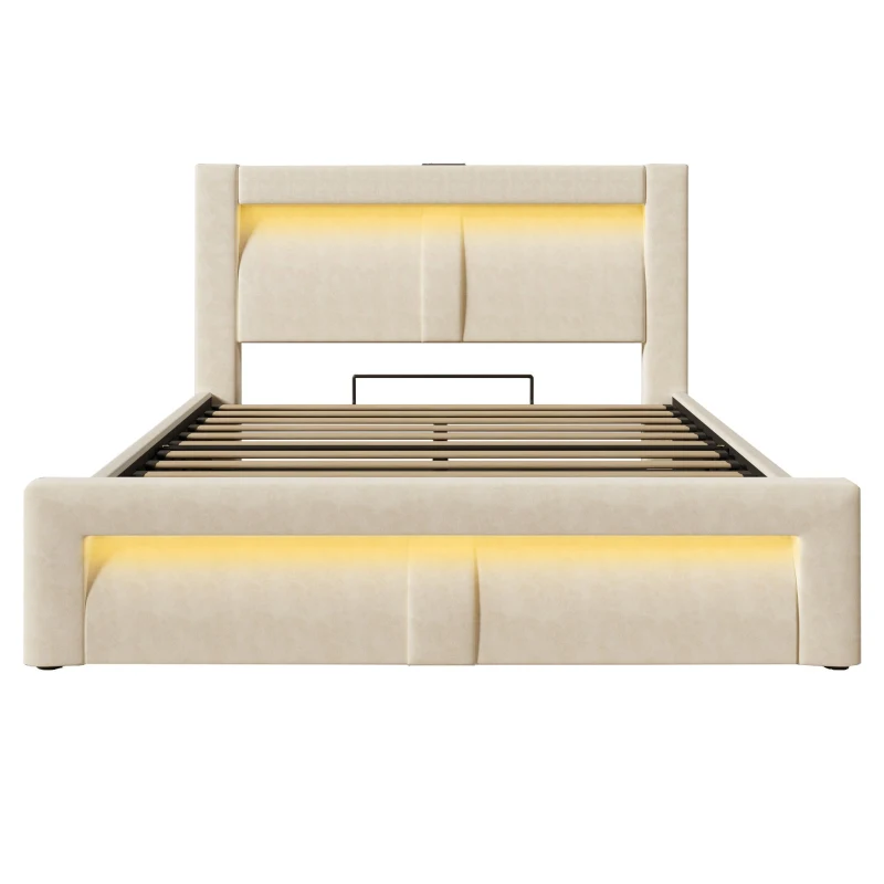 Letto matrimoniale contenitore 140x200 cm con leva idraulica, testiera LED e 4 porte di ricarica, 217x143x107 cm, Beige