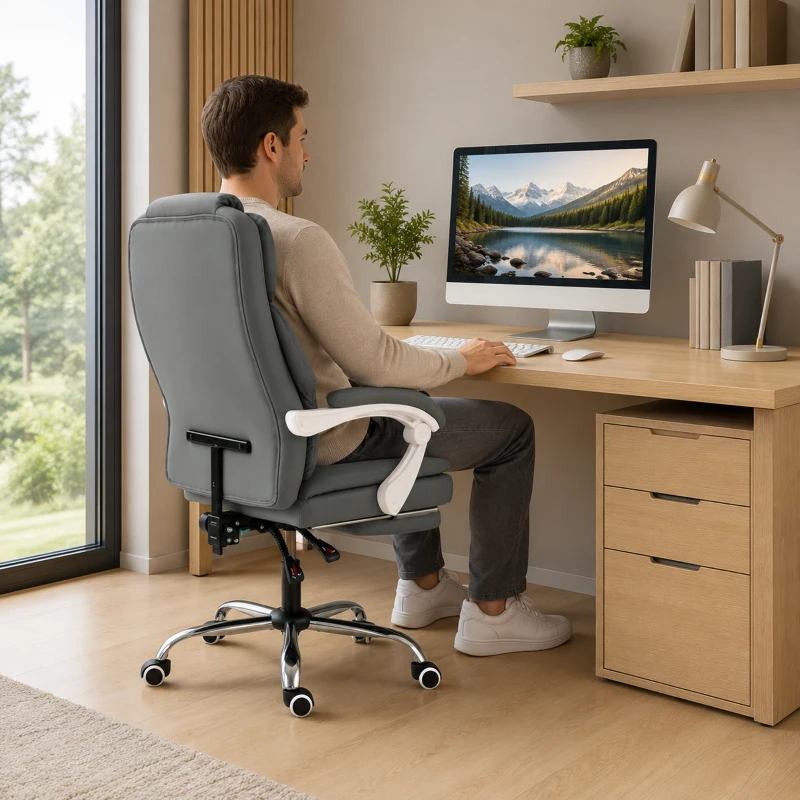 HOMCOM Cadeira de Escritório Ergonômica, Poltrona Reclinável em Couro Sintético Compatível com Animais, Altura Regulável, Cinza