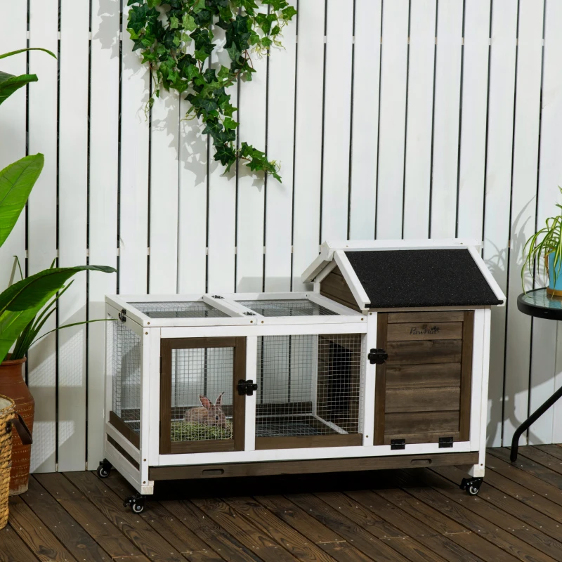 PawHut Kleindiershok voor dwergkonijnen, cavia's, met wielen, 108 x 58 x 73,5 cm, koffie(m-2)