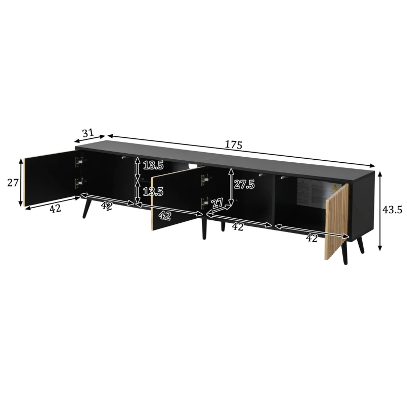 Meuble TV bas LED, convient pour 75 pouces, grand espace de rangement, 175x31x43,5 cm, Couleur naturelle+Noir