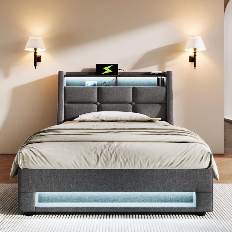 Cama estofada 90x200 cm, espaço de arrumação com pistão a gás e estrado robusto de ripas metálicas, revestimento em linho, 210x95x117 cm, Cinzento