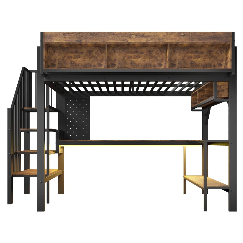 Letto a soppalco 90x200 cm con scrivania angolare, spazio contenitore e ciabatta integrata, 255x164x182 cm, Marrone e Nero