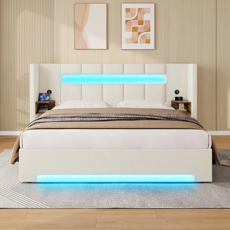 Estrutura de cama em veludo multifuncional, mesas de cabeceira retro aos dois lados, fita LED de luz ambiente, 225x212x103 cm, Bege