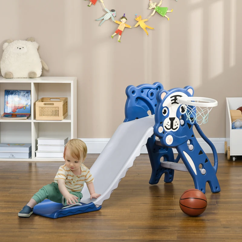 AIYAPLAY 3-in-1 kinderglijbaan met klimrek en basketbalring, cartoonontwerp voor kinderen van 18-36 maanden, blauw