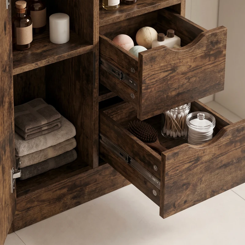 HOMCOM Mueble de Baño Estrecho con Cajones Compartimentos Abiertos Marrón Rústico