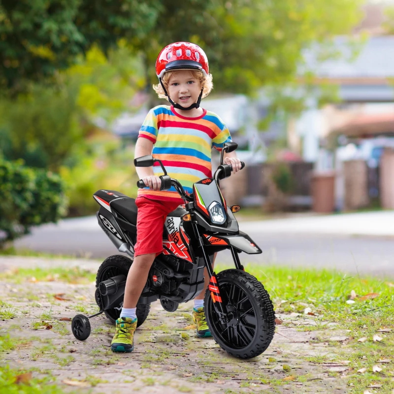 AIYAPLAY Elektro Motorrad Kinder 12 V Elektromotorrad mit 2 Motoren Stützrädern, Stoßdämpfer 13 Zoll Räder Musik, USB