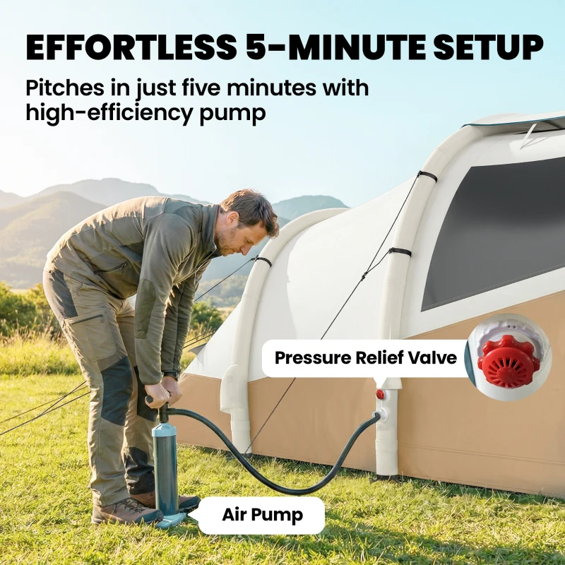 Outsunny Inflatable Camping Tent w/ Air Pump, Easy Setup 2-3 Person Blow Up Tent, Khaki