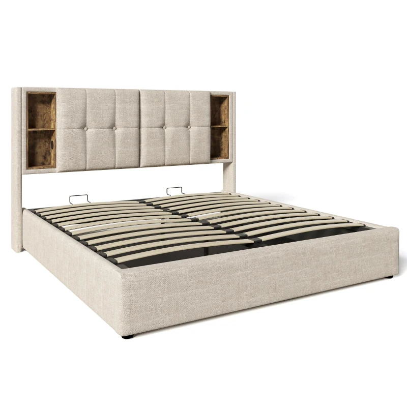 Letto contenitore con testiera portaoggetti, 206x185x100,5 cm, color legno