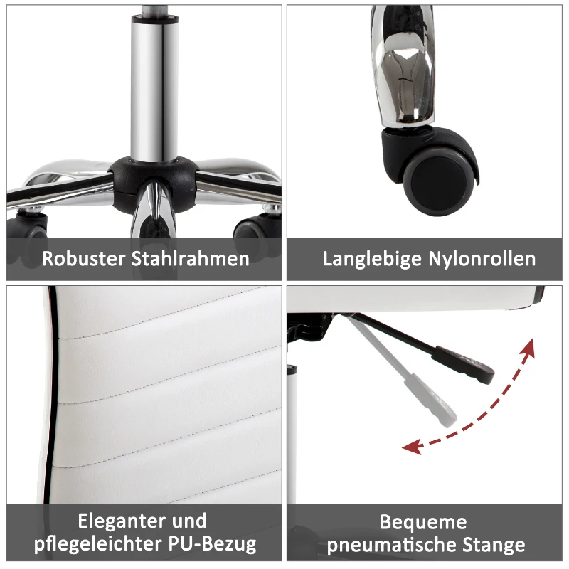 HOMCOM Draaistoel, Hoogteverstelbaar 43-55 cm, Tot 120 kg, Leerlook, Wit(m-6)