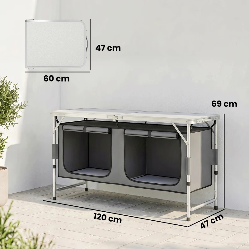 Outsunny Tavolino da Campeggio Picnic con Base per Cibi e Bevande Altezza Regolabile Pieghevole Alluminio, Legno 120x47x55/62/68cm