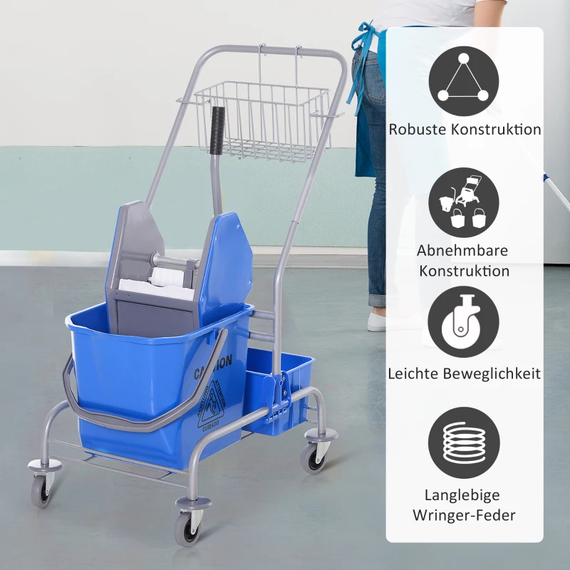 HOMCOM Schoonmaakwagen, Mopwagen, 25L Capaciteit, 4 Wielen, Kunststof, Blauw