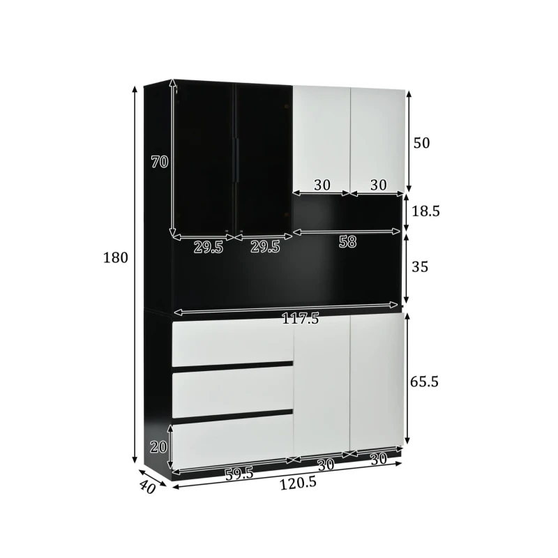 Vitrine de cozinha multifuncional, iluminação LED regulável e compartimento para micro-ondas, 120,5x40x180 cm, Preto