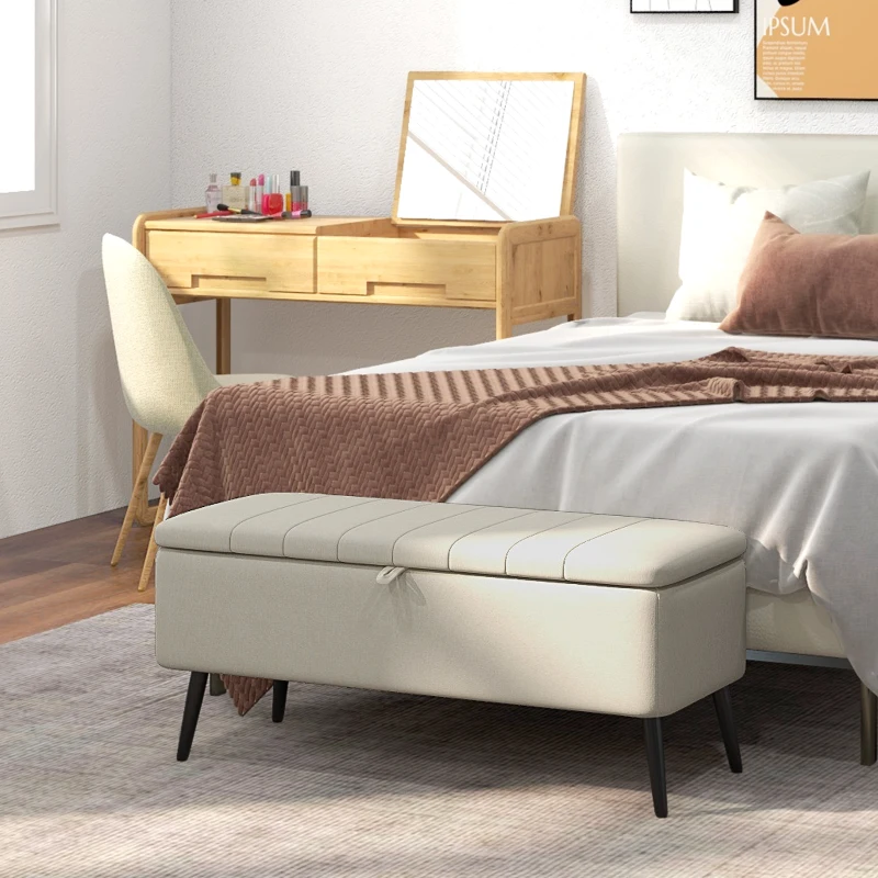 HOMCOM Sitzbank mit Stauraum Polsterbank mit Leinenoptik, Sitztruhe mit Stahlbeine 102 x 40 x 44 cm, Cremeweiß