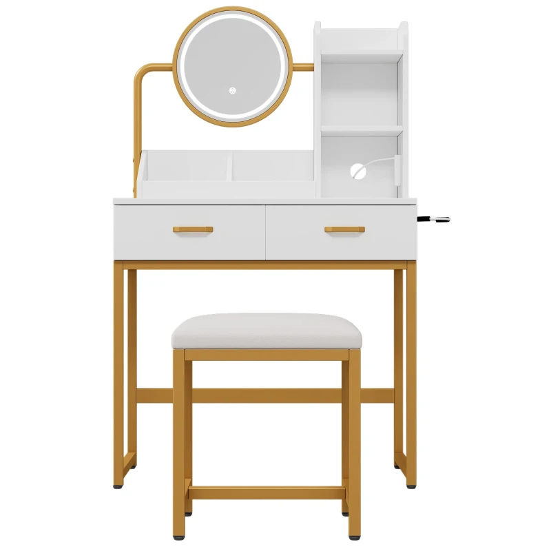 Toeletta trucco moderna con illuminazione a LED, specchio girevole, supporto per asciugacapelli e sgabello, 80x40x138,5 cm, Bianco