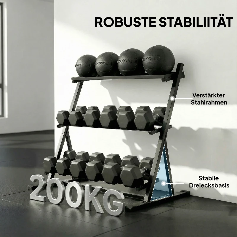 SPORTNOW Verstellbarer Dreistöckiger Hantelständer Max. 200kg Rutschfest Kurzhantelständer mit Verstellbare Stangen