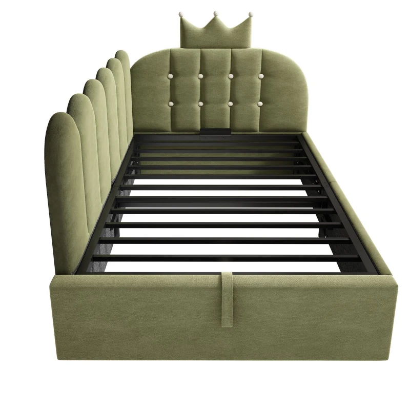 Letto singolo a L imbottito con spazio contenitore inferiore, 199x96x96 cm, Verde