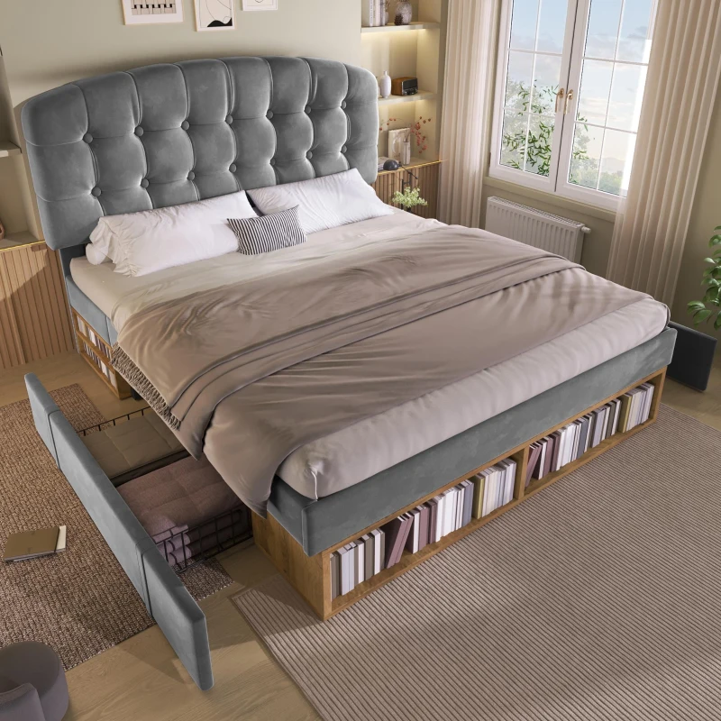 Cama de casal 140x200 estofada com estrado de ripas, cabeceira curva regulável em 3 alturas, sem colchão, 207x151x120 cm, Cinzento