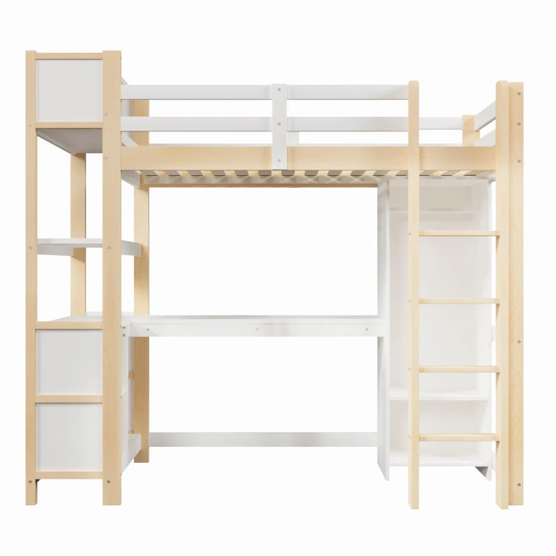 Letto a soppalco per bambini 6+ anni con parapetto di sicurezza, 232.5x100x189.5 cm, Color Legno