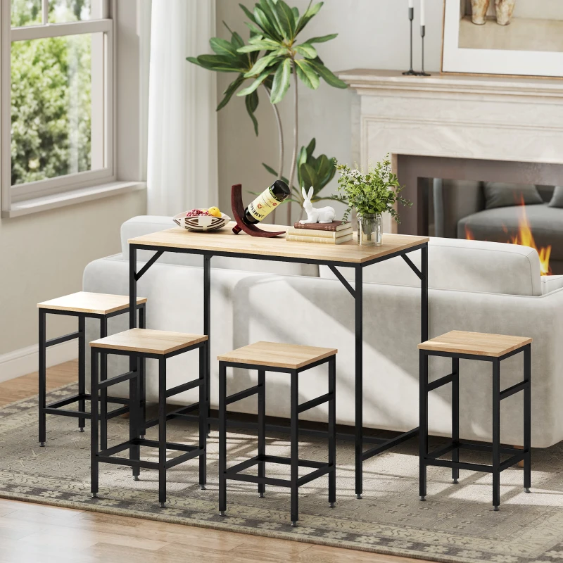 HOMCOM Set Masă de Bar cu Taburete din 5 Piese, Stil Industrial, PAL și Metal, 100 x 60 x 88 cm, Lemn Natural