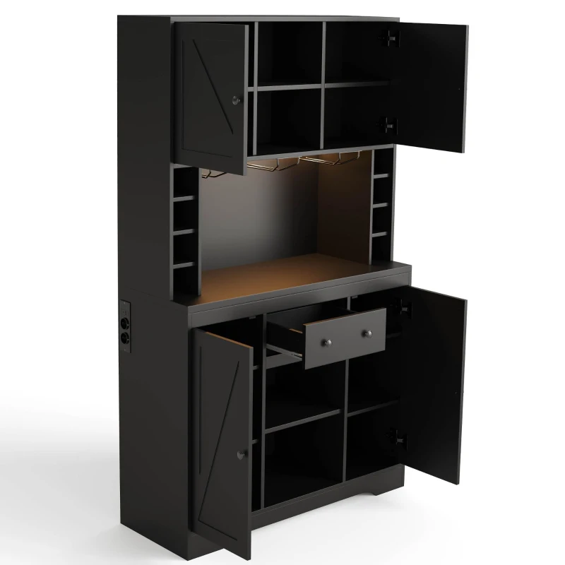 Dispensa da cucina con piano multiuso, ripiani regolabili, ganci in acciaio inox e cantinetta vini, 105x40x180 cm, Nero
