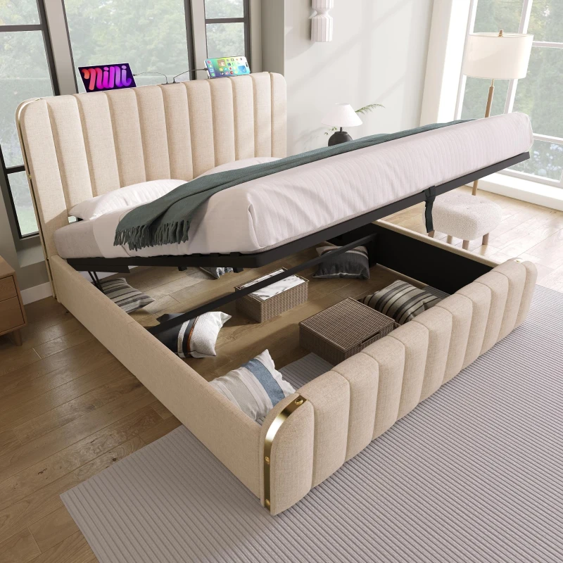 Letto matrimoniale imbottito con spazio contenitore e rivestiento effetto lino, 203x150x102 cm, Beige