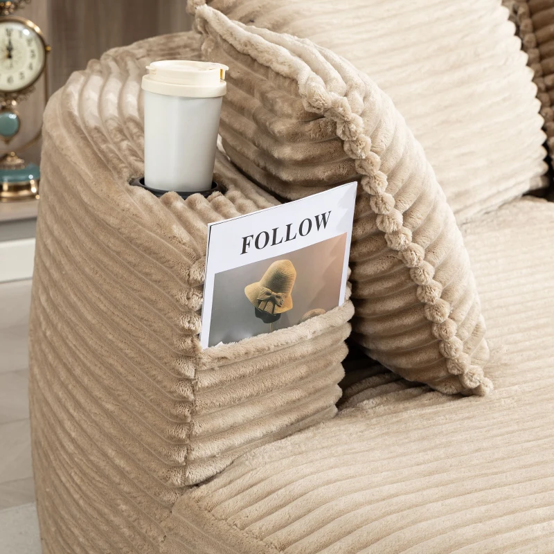 Bogesofa imbottito con portabicchieri su entrambi i lati, cuscini e tasca laterale, 250x152x82 cm, Kaki