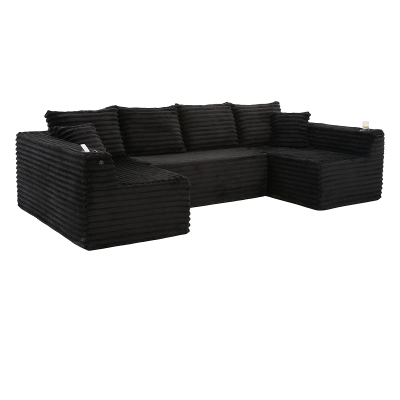 Sofá em U de veludo cotelê, com porta-copos integrado e bolso lateral, estofamento com molas, 320x155x88 cm, Preto