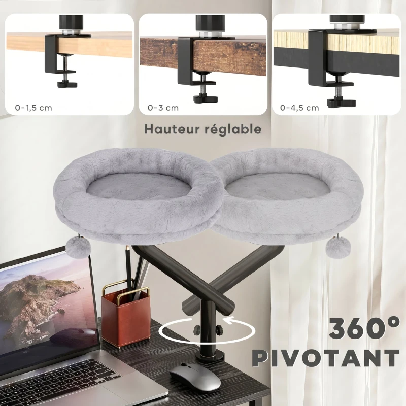 PawHut Lit de Bureau pour Chat Rotation de 360° et Hauteur Réglable, Lit pour Chat Lavable avec Balle Jouet,  35x35x48cm, Gris