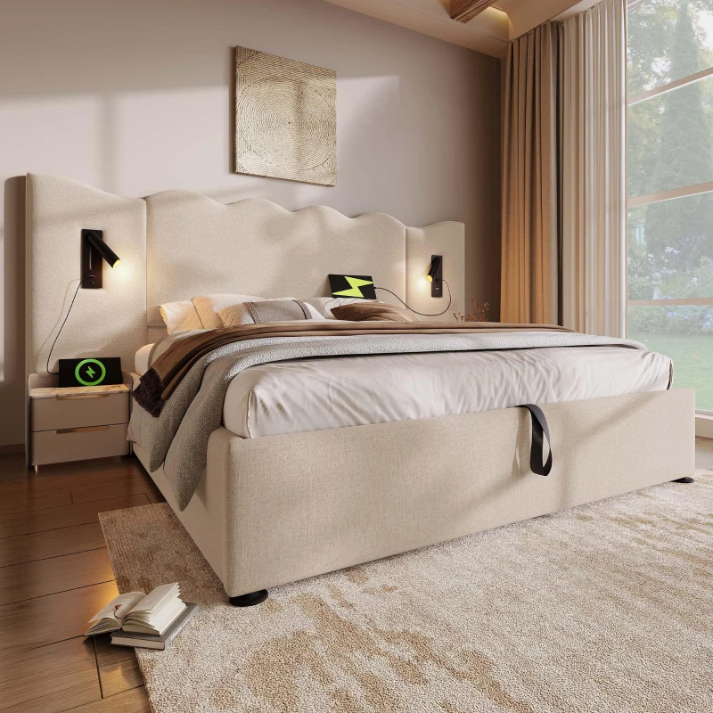 Cama estofada Cama de casal 180x200 cm com candeeiro de leitura giratório, revestida a linho, cabeceira ondulada, sem colchão, 215x252x111 cm, Bege