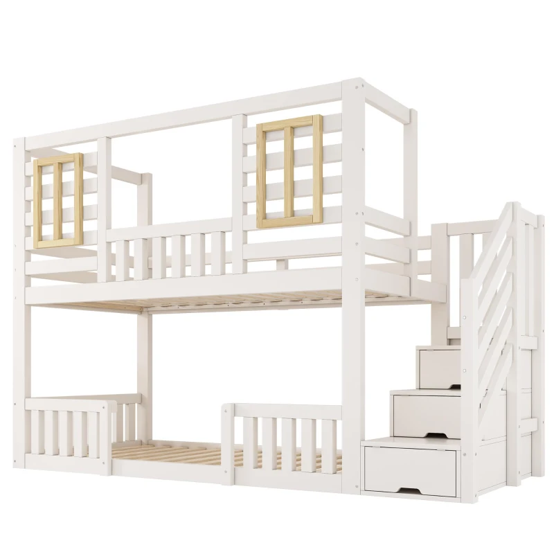 Cama de beliche estilo cabana, escada com armário e arrumação, 2 áreas de dormir de 90X200 cm cada, 254x95x170 cm, Branco