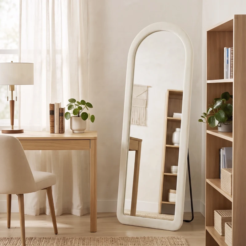 HOMCOM Ganzkörperspiegel 160 x 60 cm, Bogen, Stand- oder Wandspiegel, Flanellrahmen, Creme